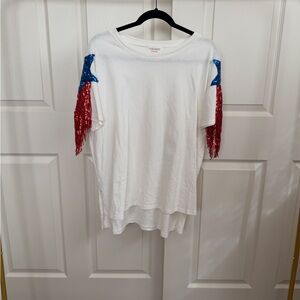 White T-Shirt with Red and Blue Sequin Fringe